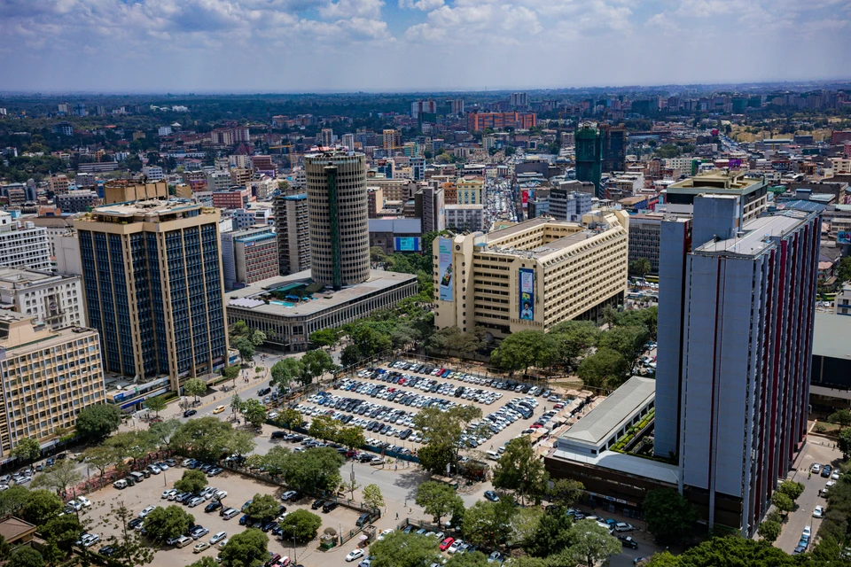 Aerial view of a bustling city center with commercial buildings